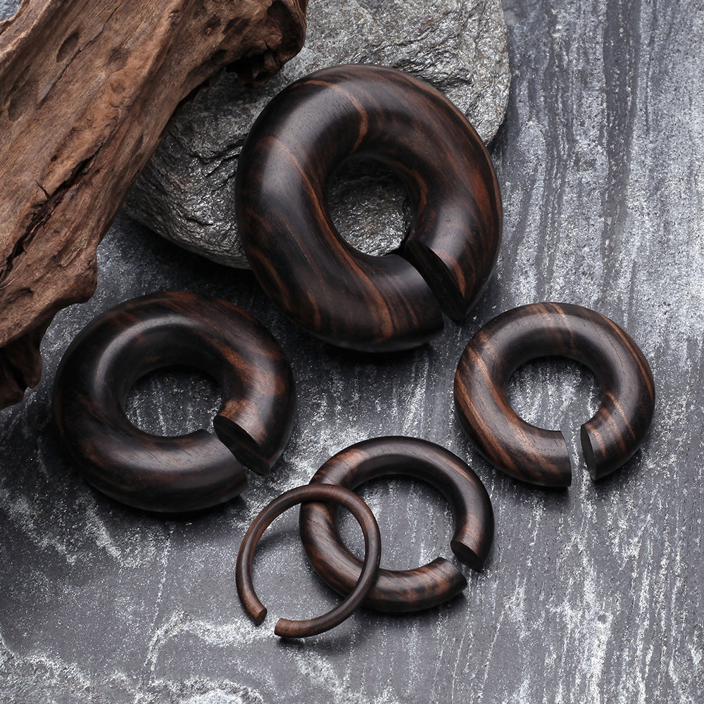 Detail View 2 of A Pair of Tiger Ebony Wood Hoop Hanger Plug-Black