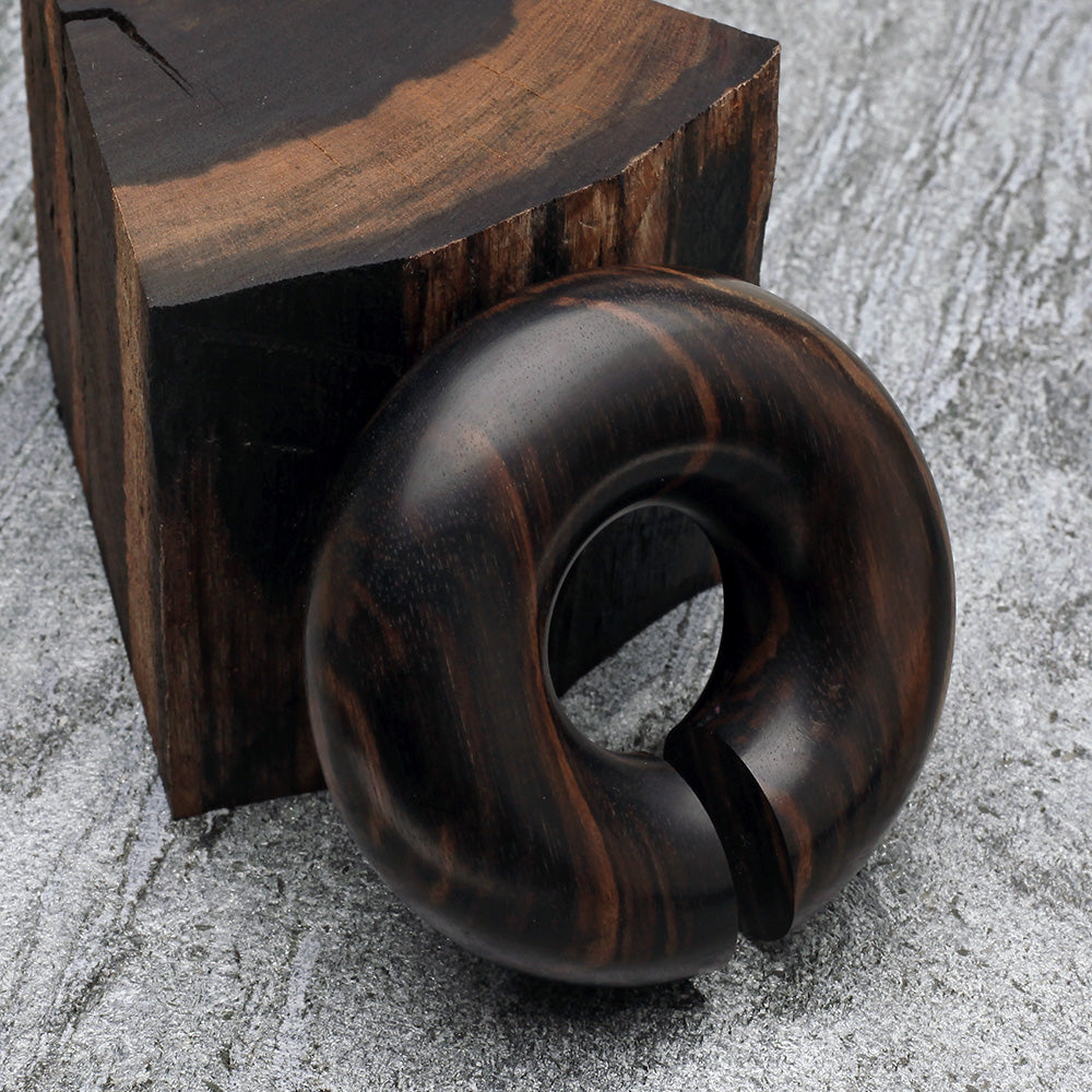 Detail View 3 of A Pair of Tiger Ebony Wood Hoop Hanger Plug-Black