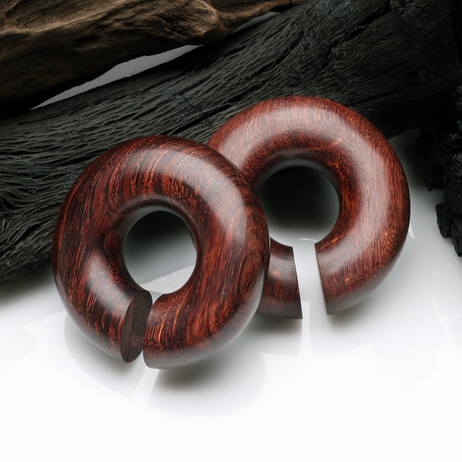 Detail View 1 of A Pair Of Dark Tamarind Wood Hoop Hanger Plug