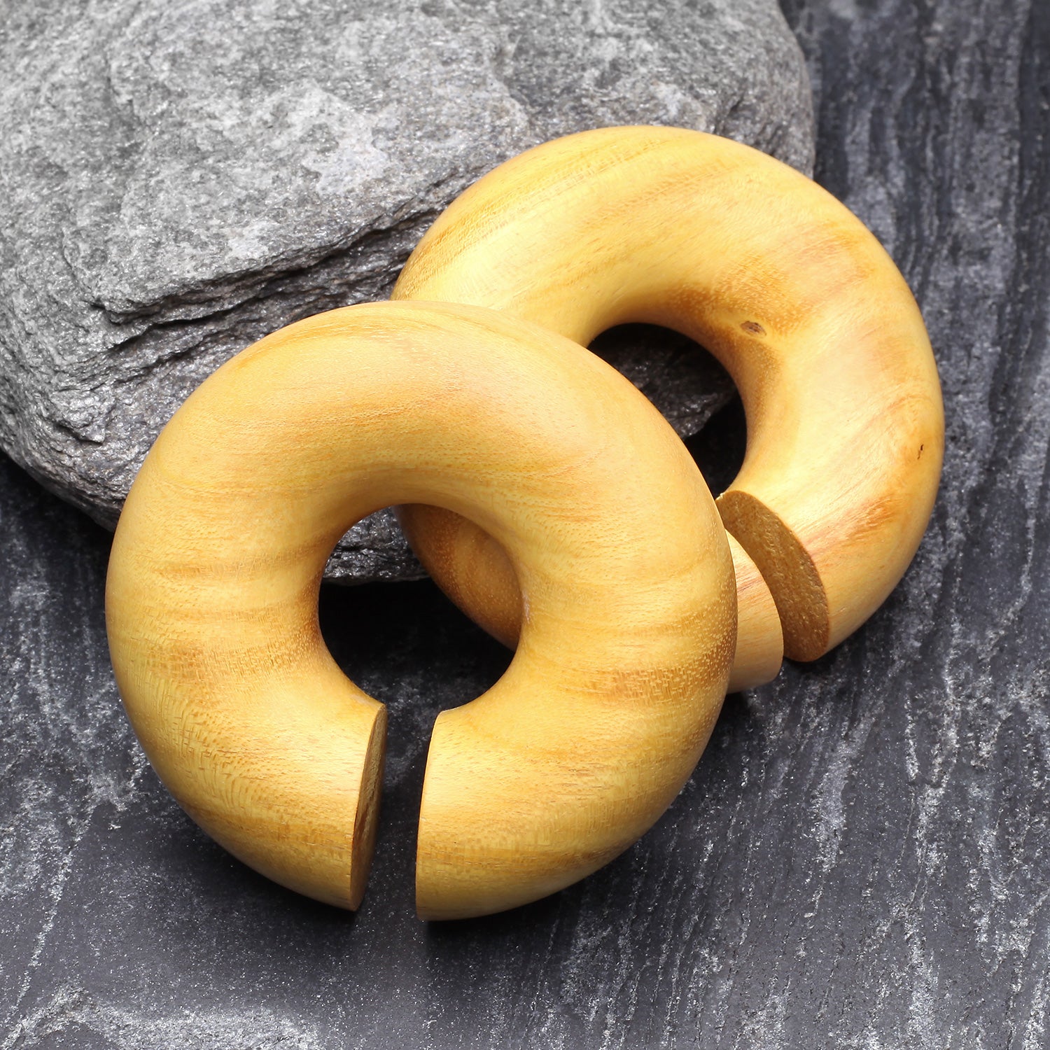 Detail View 1 of A Pair of Jackfruit Wood Hoop Hanger Plug-Yellow