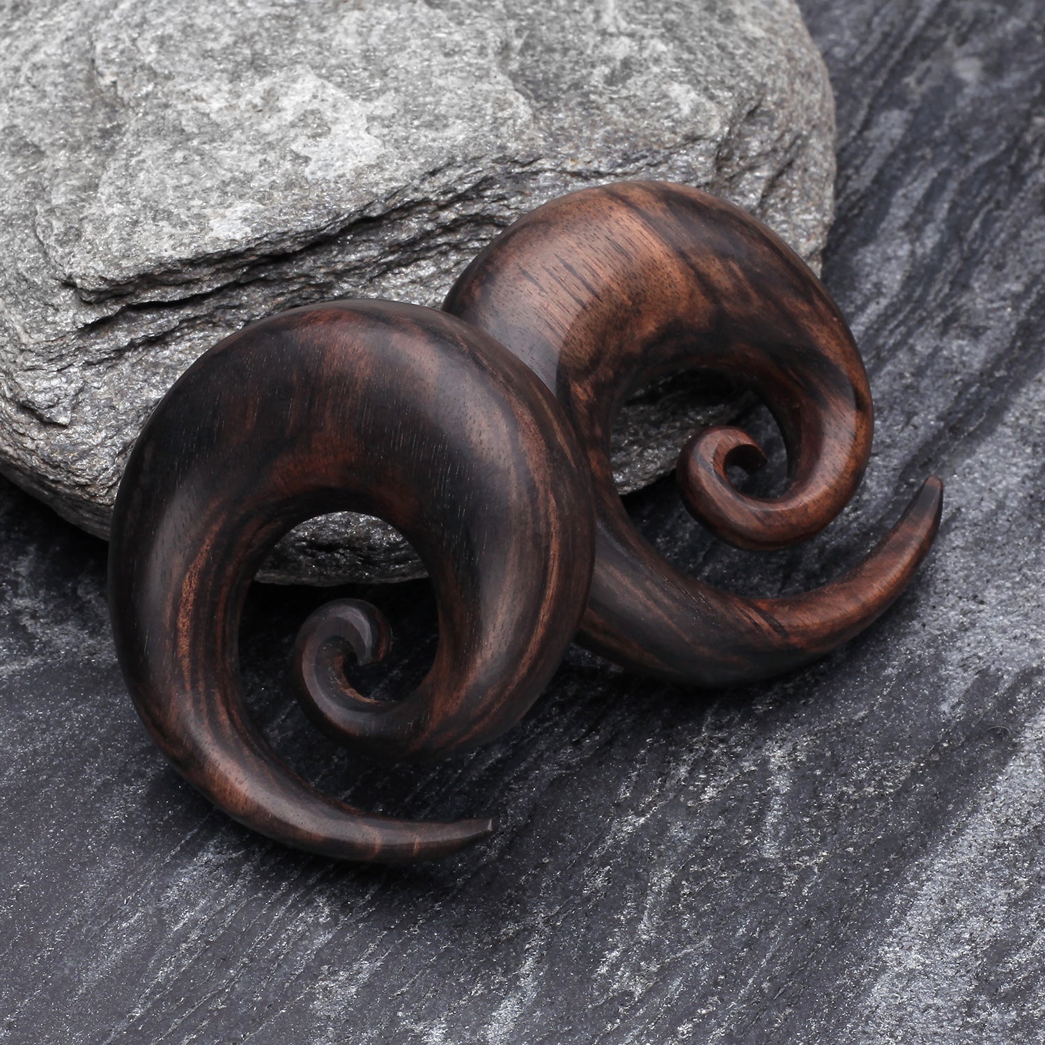 Detail View 1 of A Pair of Tiger Ebony Wood Spiral Hanger Plug-Black