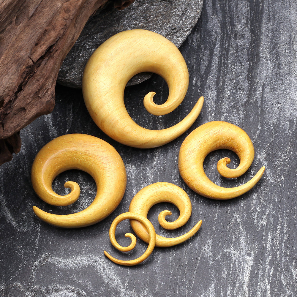 Detail View 2 of A Pair of Jackfruit Wood Spiral Hanger Plug-Yellow