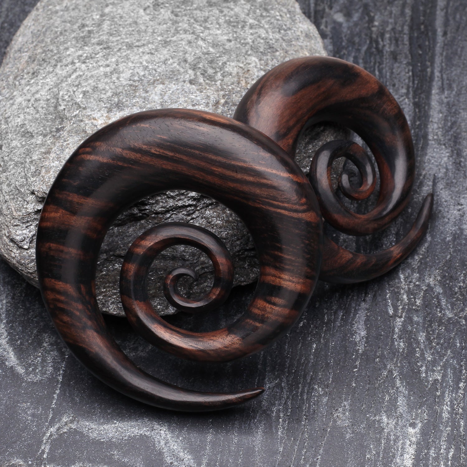 Detail View 1 of A Pair of Tiger Ebony Wood Super Spiral Hanger Plug-Black
