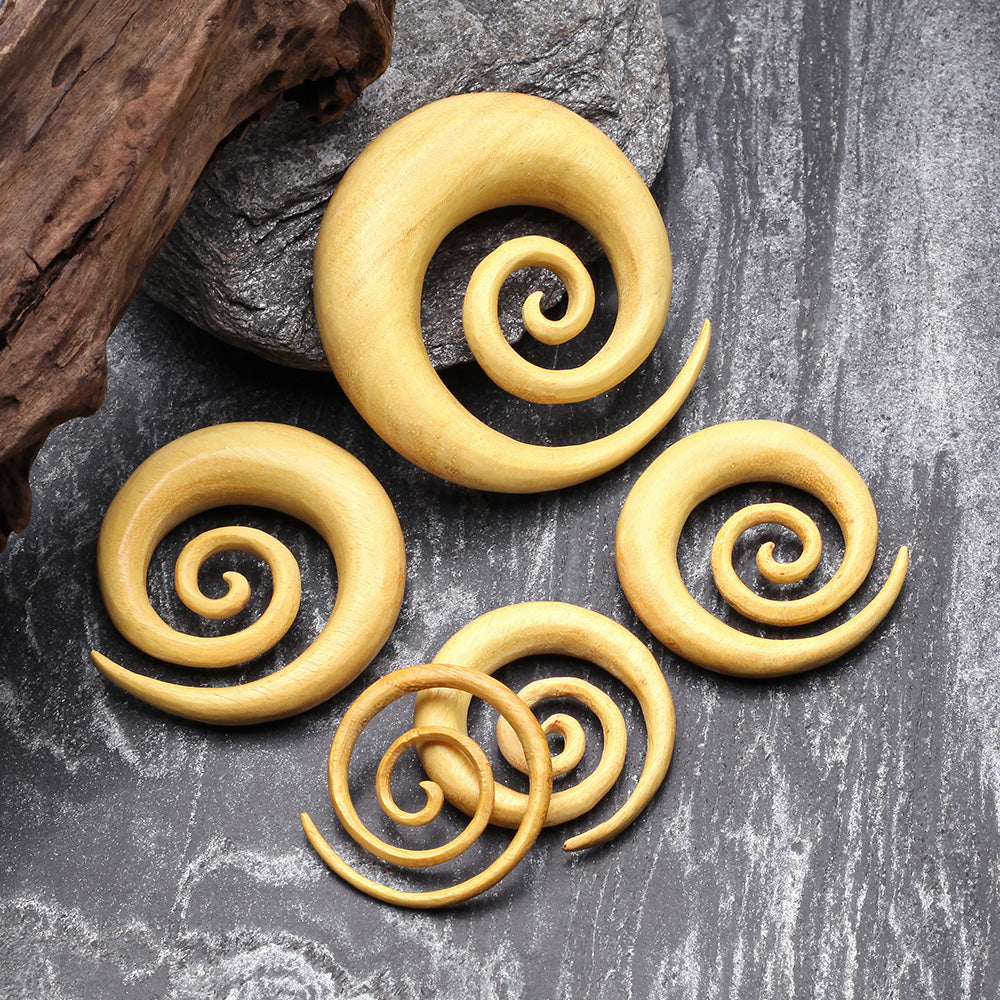 Detail View 2 of A Pair of Jackfruit Wood Super Spiral Hanger Plug-Yellow