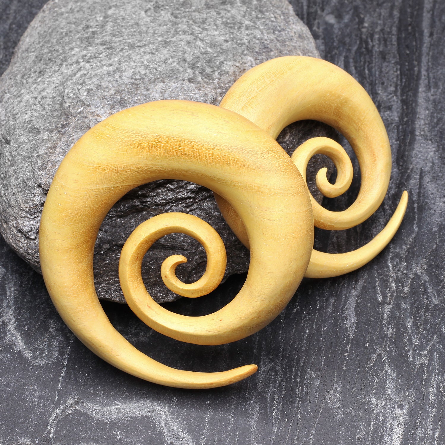 Detail View 1 of A Pair of Jackfruit Wood Super Spiral Hanger Plug-Yellow