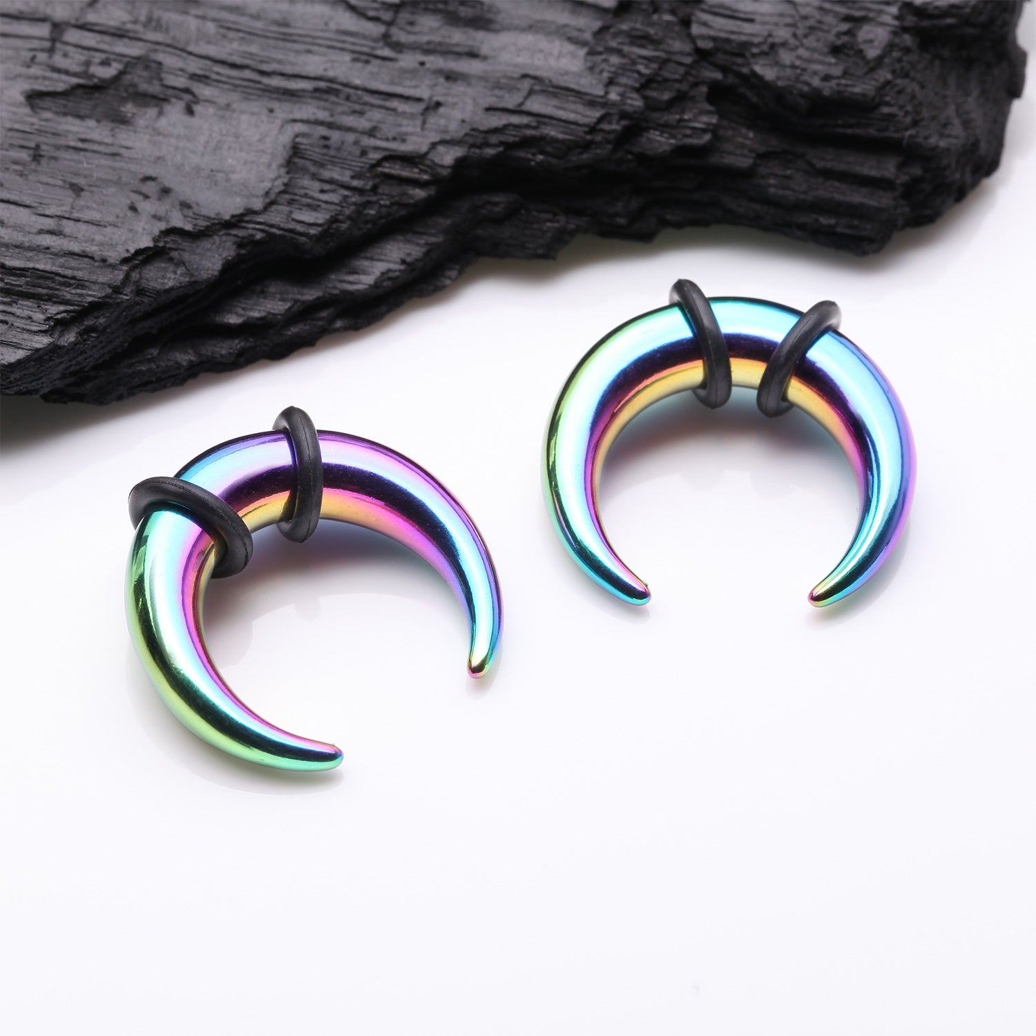 Detail View 1 of A Pair of Colorline Buffalo Pincher Hanging Steel Taper with O-Rings-Rainbow