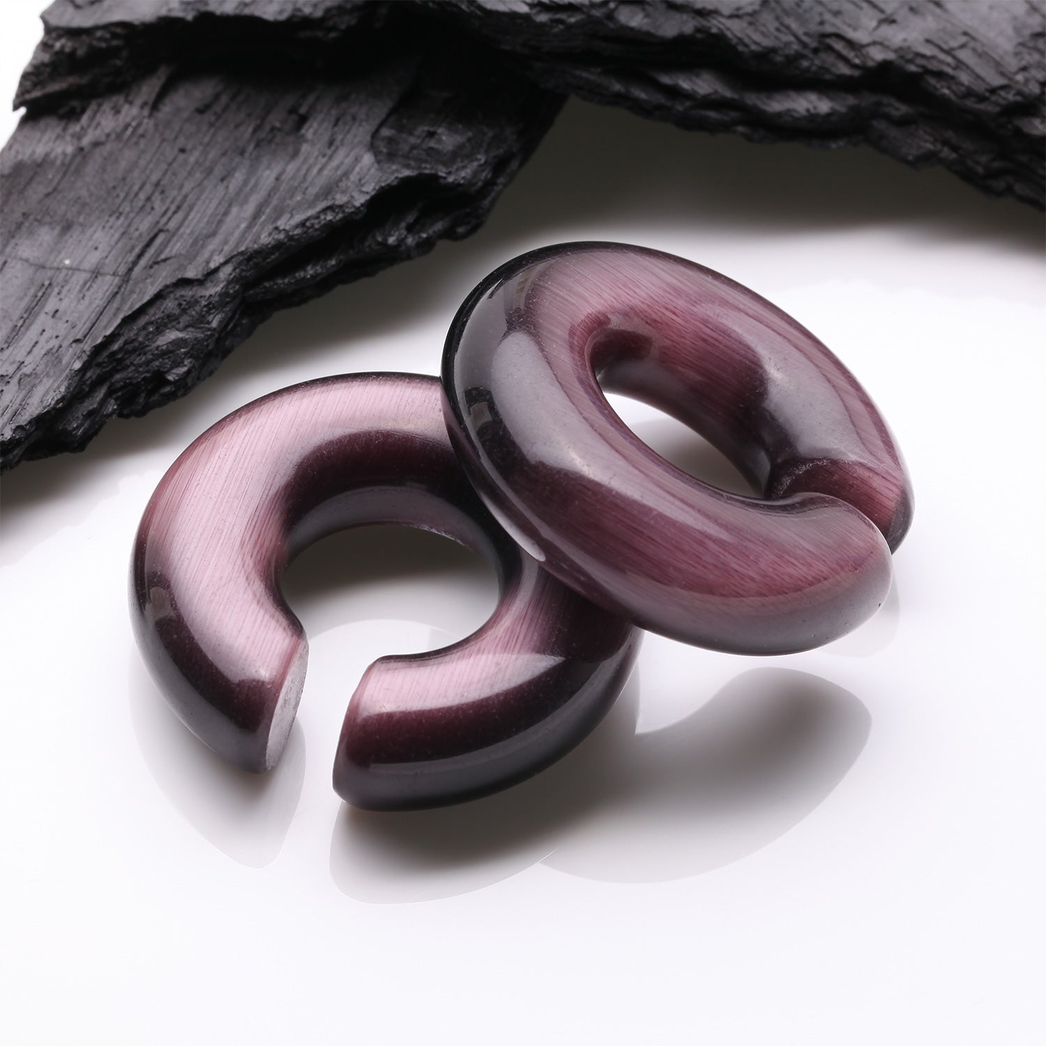 Detail View 1 of A Pair of Purple Cat Eye Stone Hoop Hanger Plug