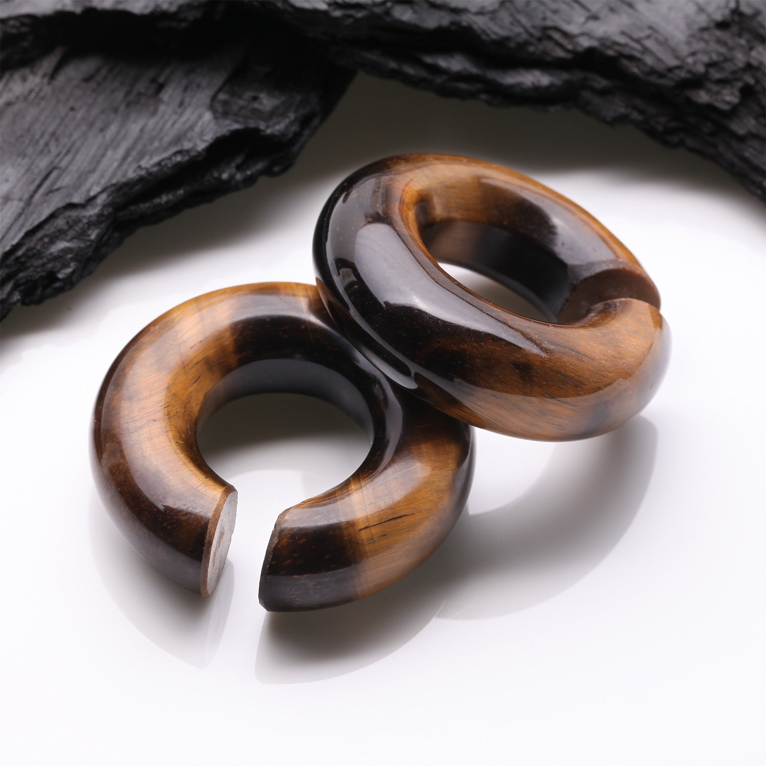 Detail View 1 of A Pair of Tiger Eye Stone Hoop Hanger Plug