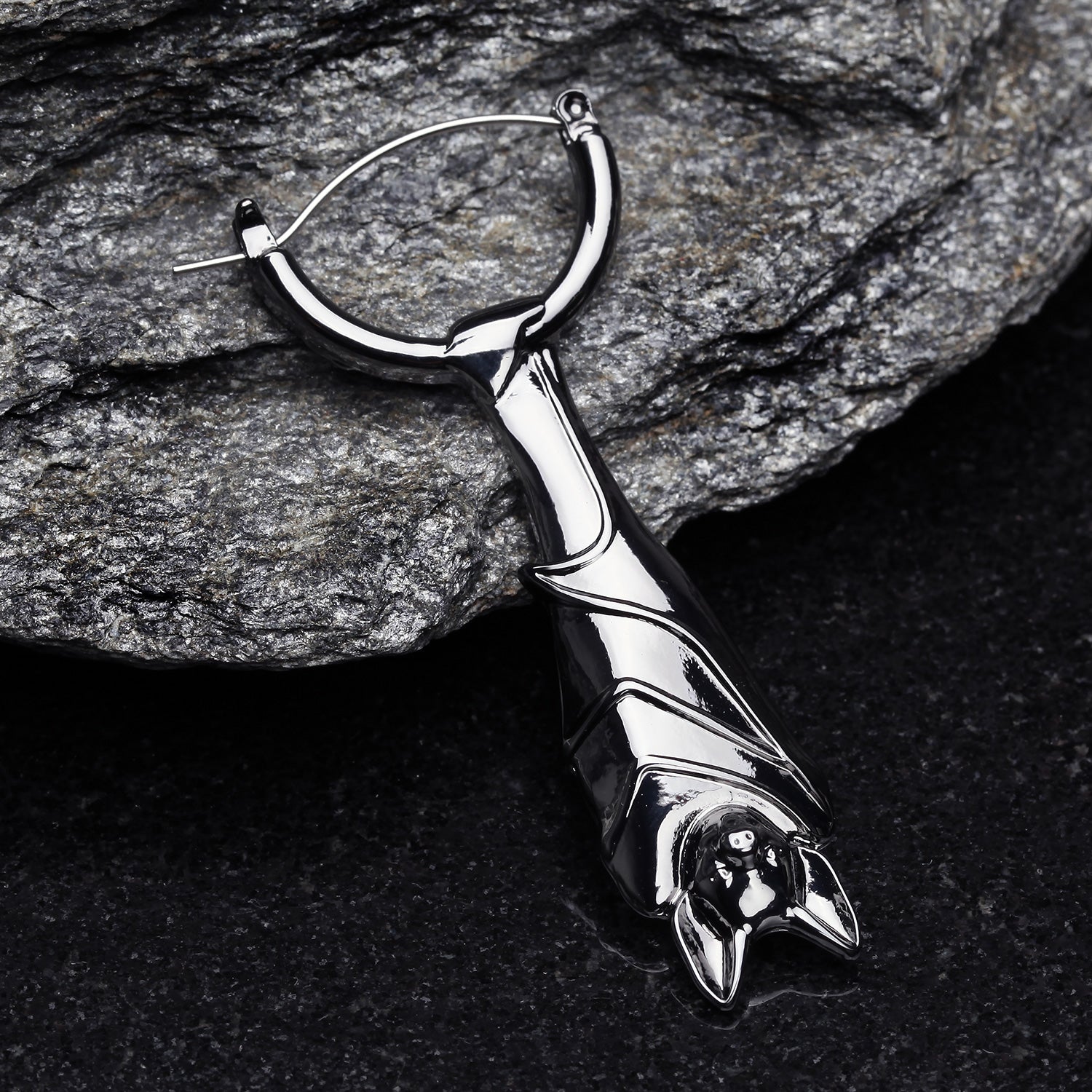 Detail View 1 of A Pair of Black Hematite Hanging Bat Plug Hoop Earring-Black