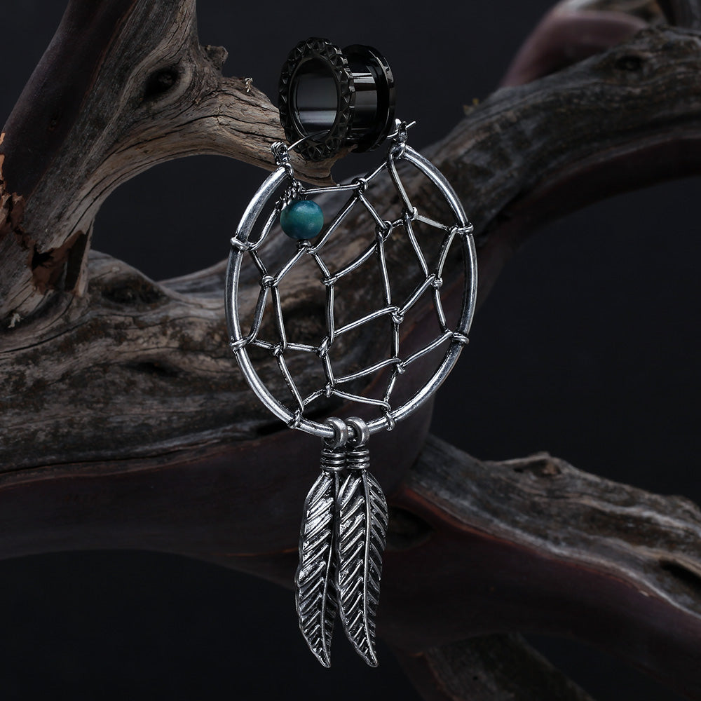 Detail View 2 of A Pair of Vintage Dreamcatcher Plug Hoop Earring-Blue/Aqua