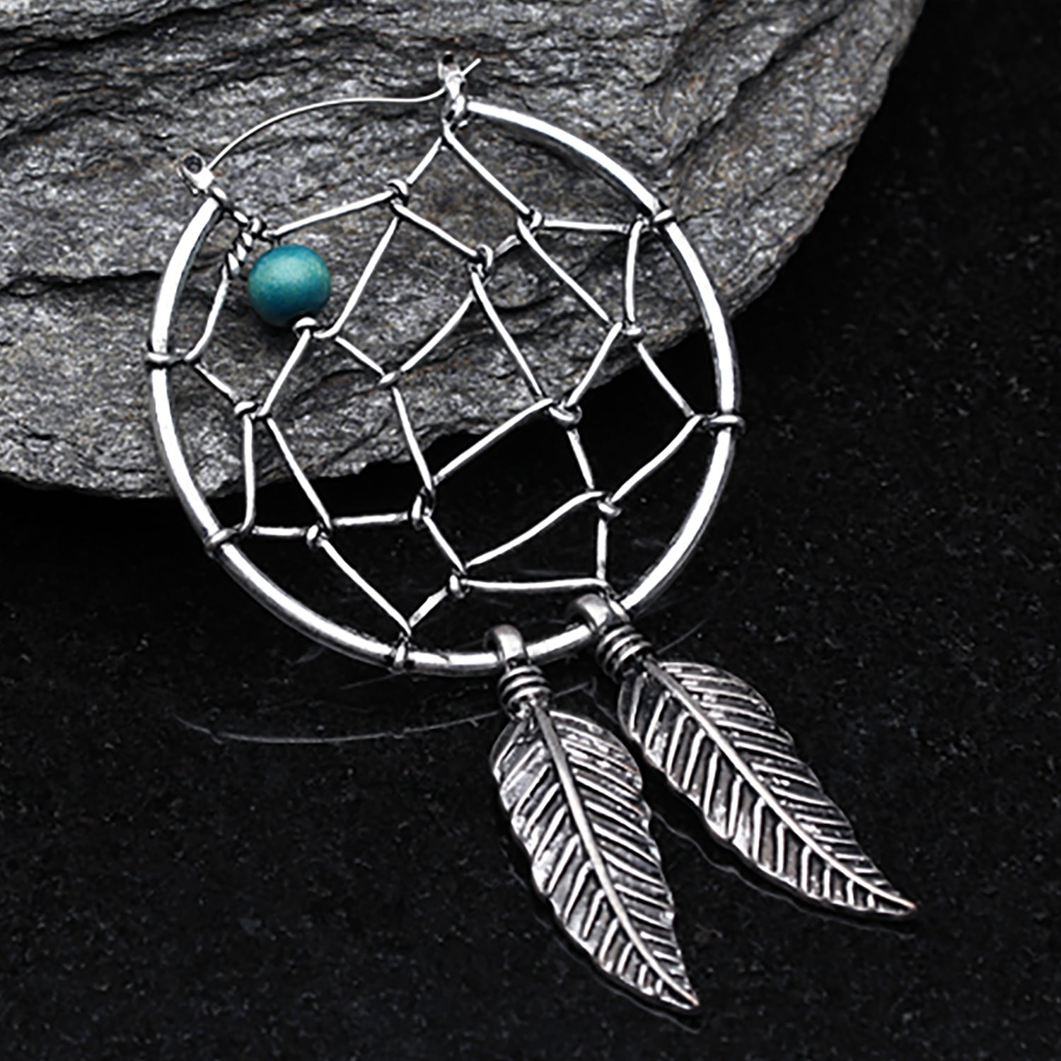 Detail View 1 of A Pair of Vintage Dreamcatcher Plug Hoop Earring-Blue/Aqua