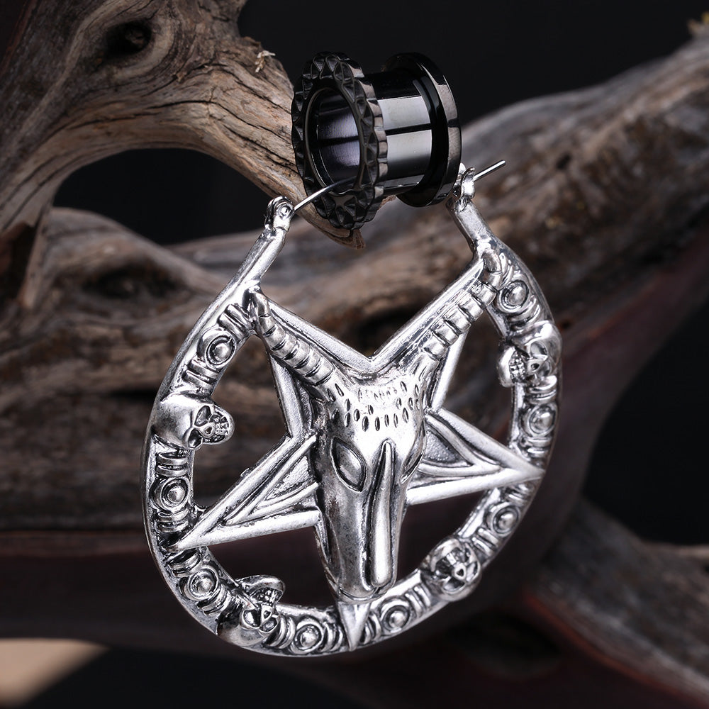 Detail View 2 of A Pair of Baphomet Evil Goat Plug Hoop Earring-Steel