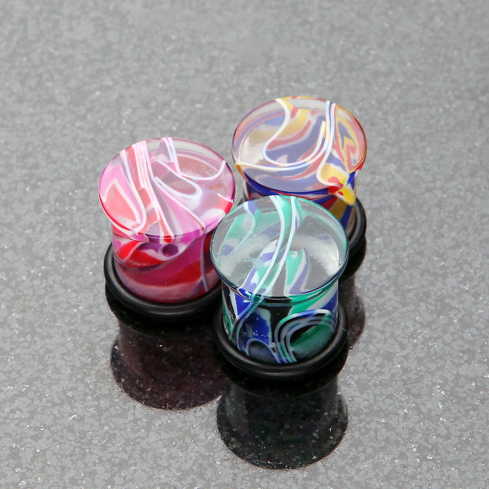 Detail View 4 of A Pair of Vibrant Marble Swirls Single Flared Ear Gauge Plug-Blue/Yellow