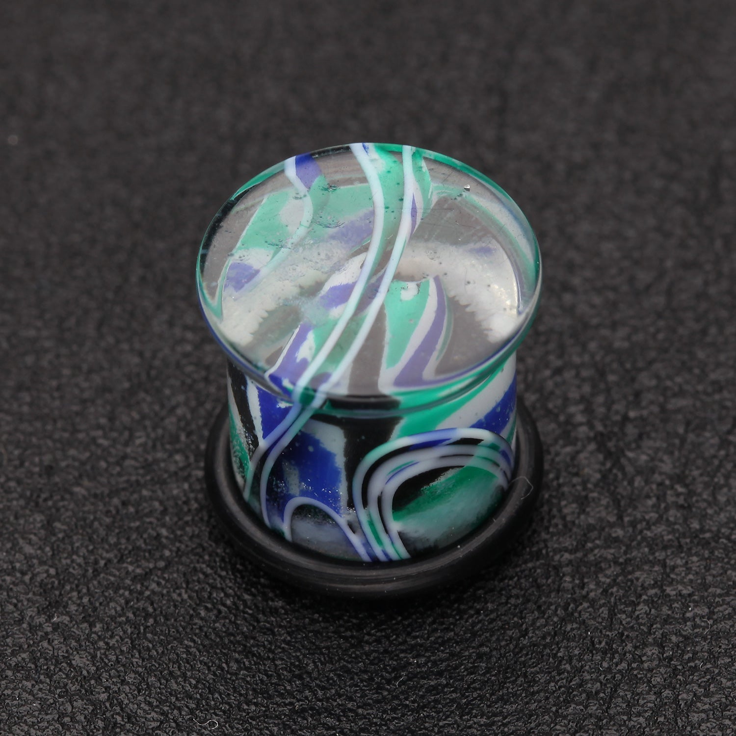Detail View 1 of A Pair of Vibrant Marble Swirls Single Flared Ear Gauge Plug-Green/Blue