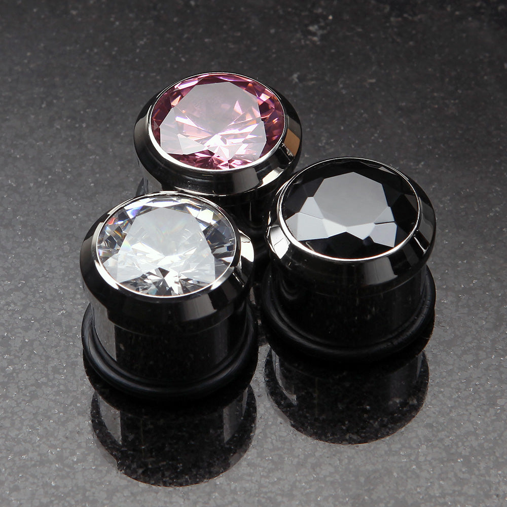 Detail View 3 of A Pair of Magnum CZ Press Fit Single Flared Ear Gauge Plug-Clear Gem