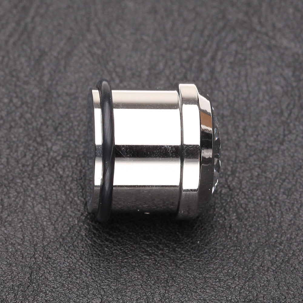 Detail View 2 of A Pair of Magnum CZ Press Fit Single Flared Ear Gauge Plug-Clear Gem