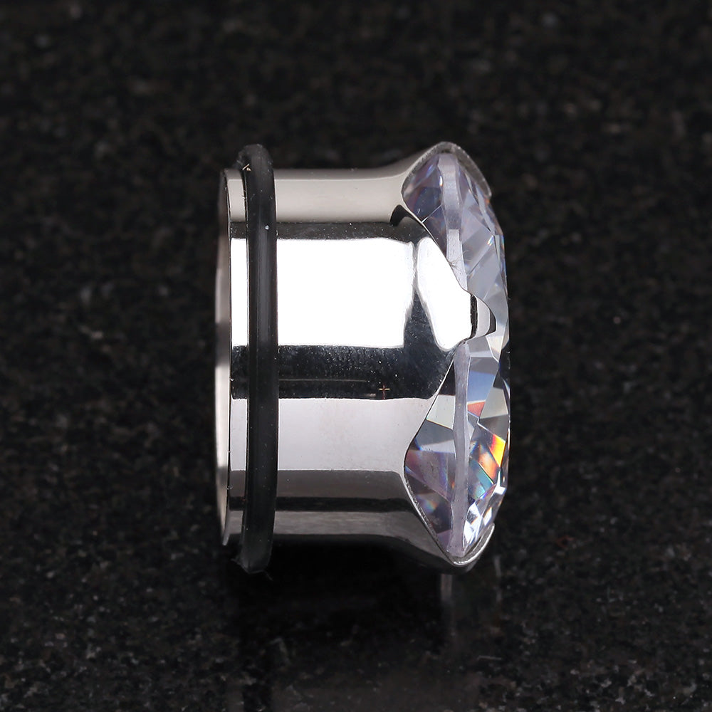 Detail View 2 of A Pair of Magnum CZ Prong Single Flared Hollow Ear Gauge Plug-Clear Gem
