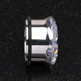 Detail View 2 of A Pair of Magnum CZ Prong Single Flared Hollow Ear Gauge Plug-Clear Gem