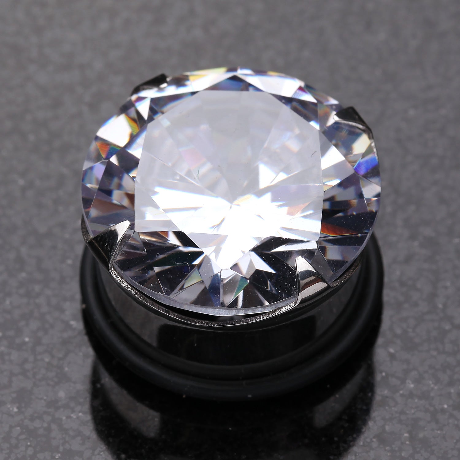 Detail View 1 of A Pair of Magnum CZ Prong Single Flared Hollow Ear Gauge Plug-Clear Gem