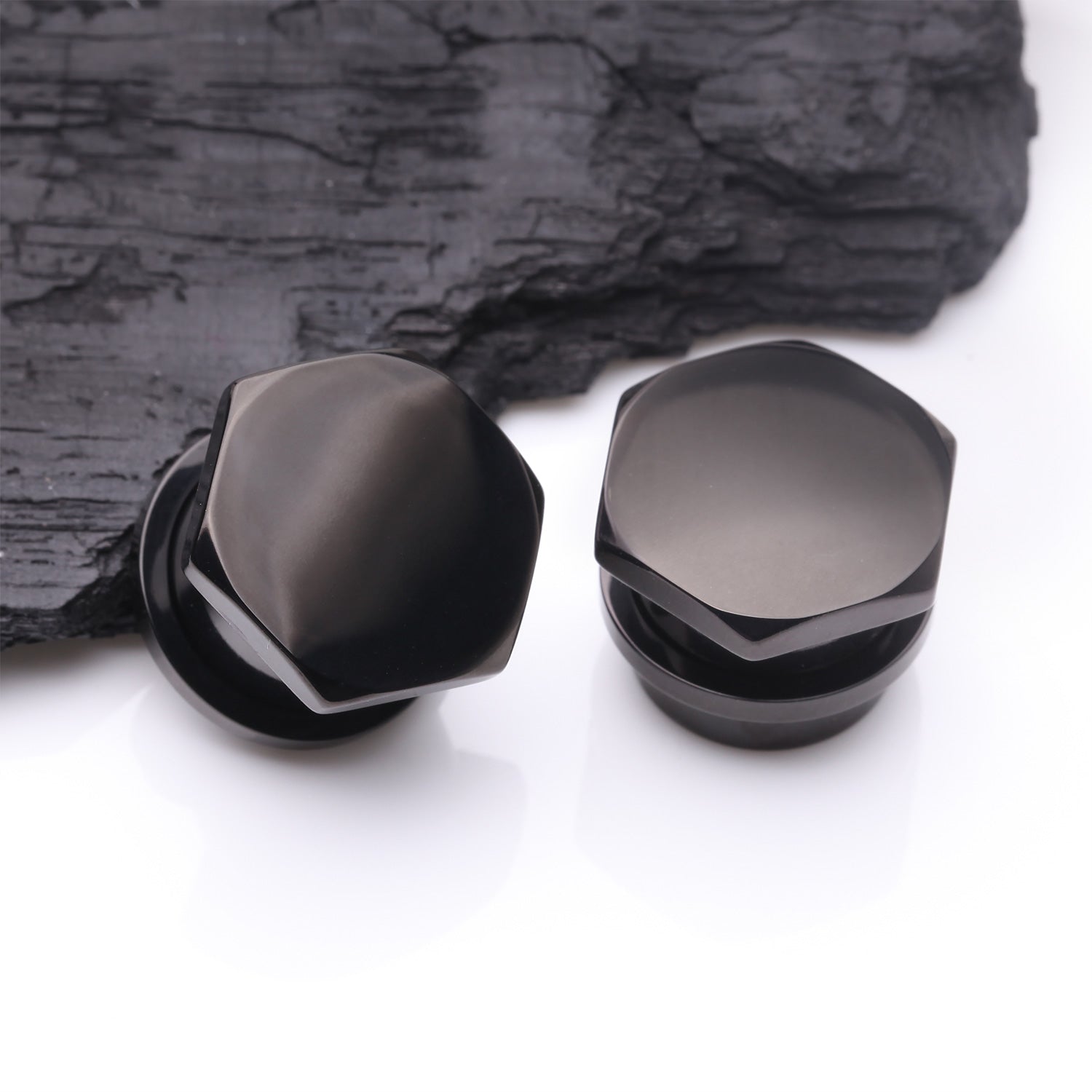 Detail View 1 of A Pair of Blackline Hexa Nut Push-Fit Single Flared Ear Gauge Plug