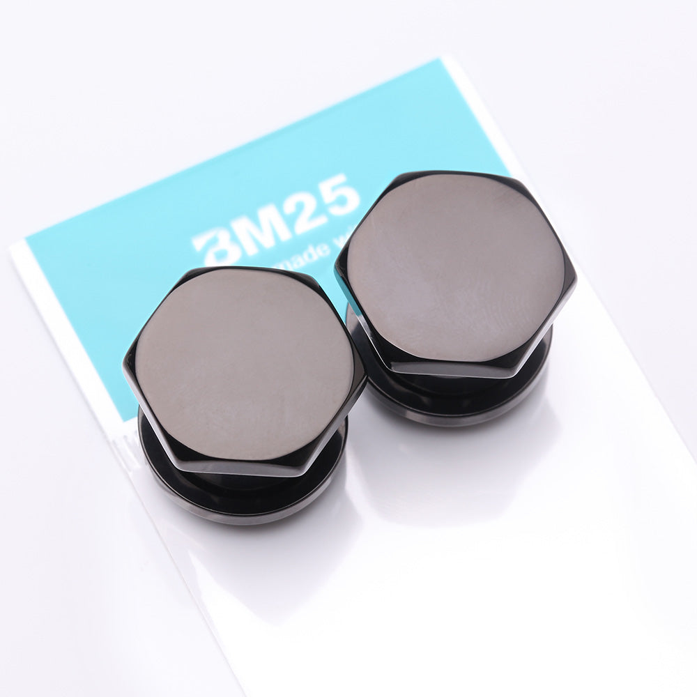 Detail View 3 of A Pair of Blackline Hexa Nut Push-Fit Single Flared Ear Gauge Plug