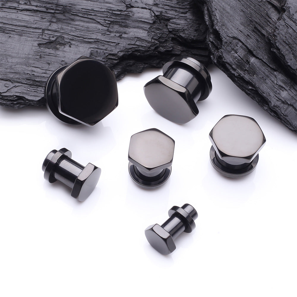 Detail View 2 of A Pair of Blackline Hexa Nut Push-Fit Single Flared Ear Gauge Plug