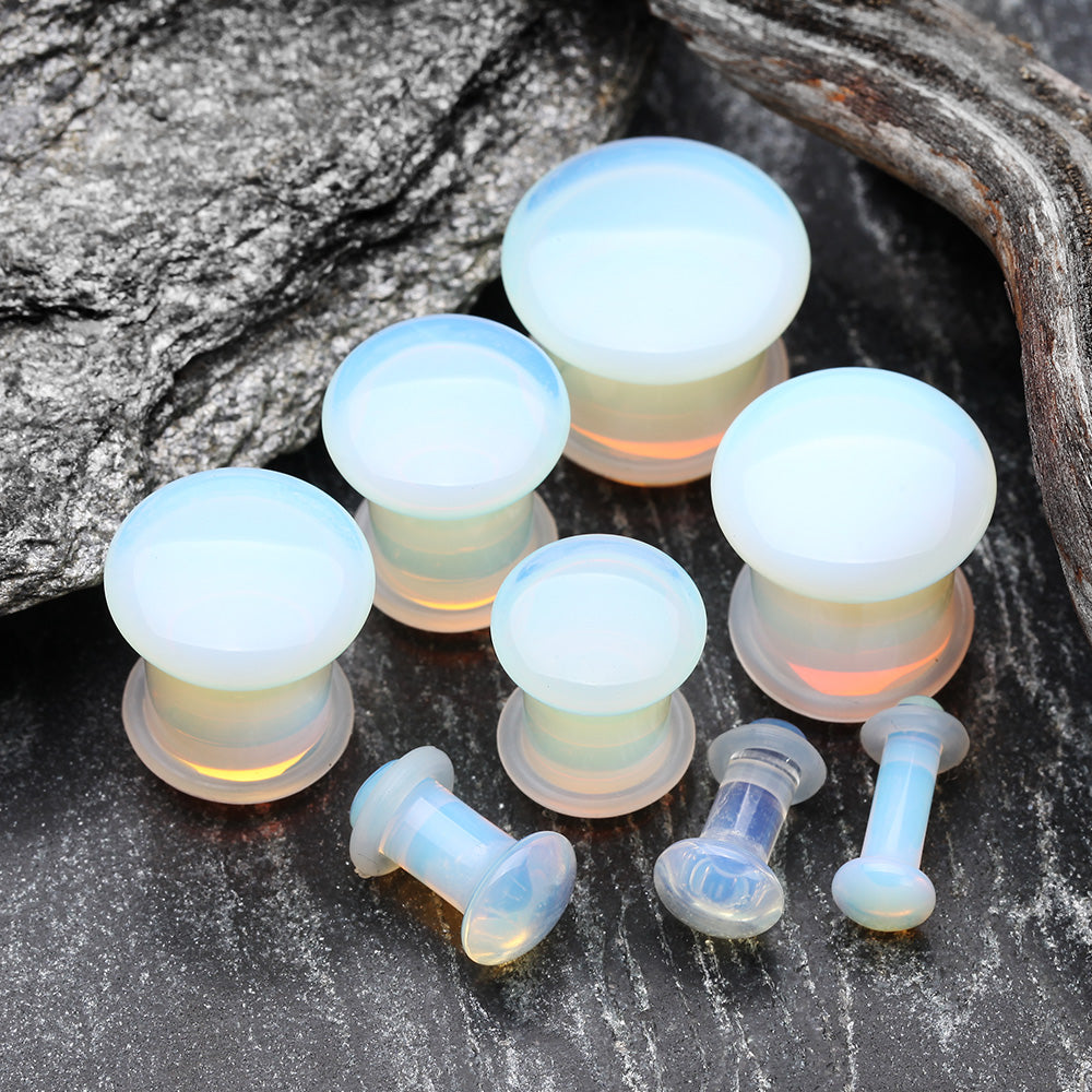 Detail View 2 of A Pair of Opalite Convex Stone Single Flared Plug-Clear Gem/White