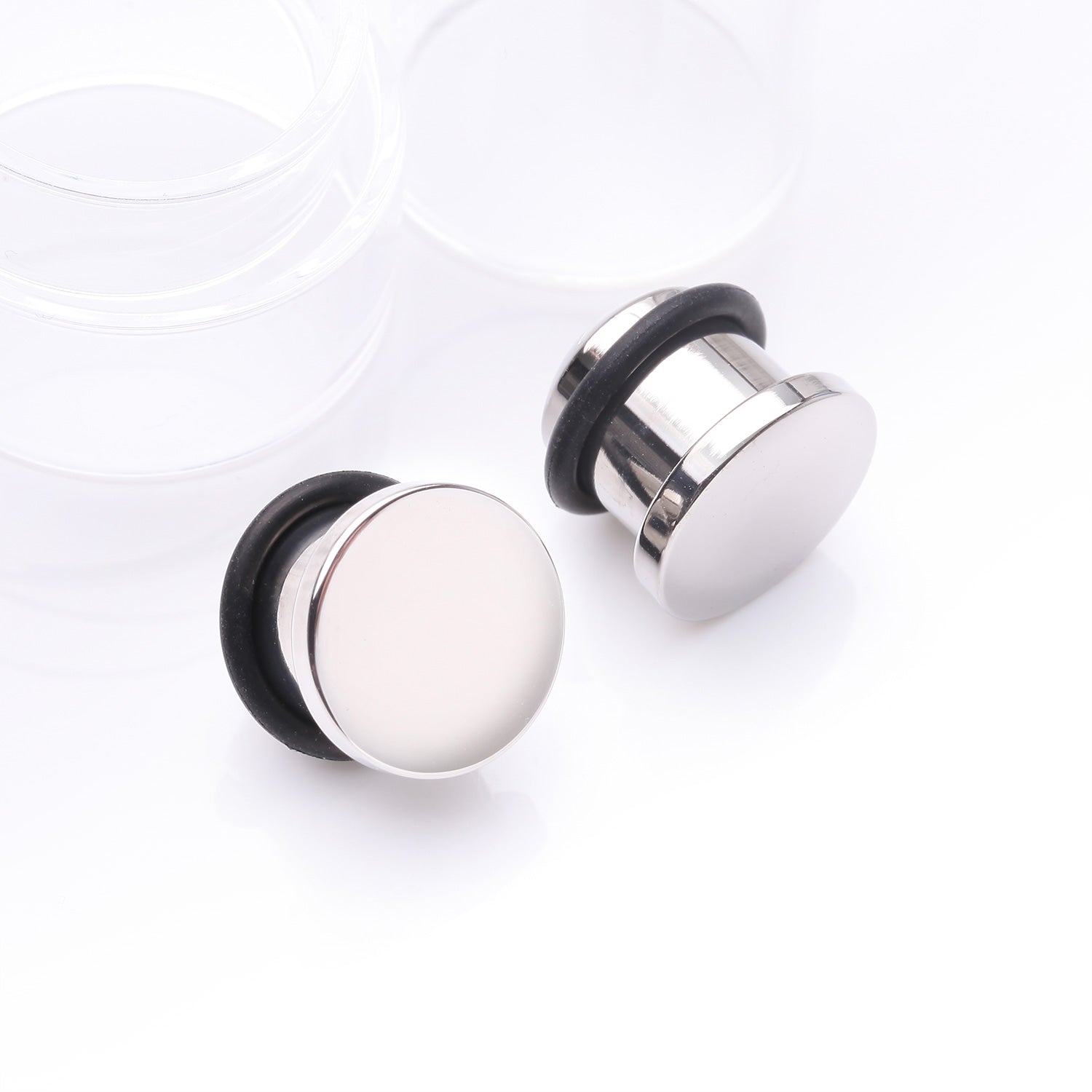 Detail View 1 of A Pair of Implant Grade Titanium Flat Round Top Single Flared Plug with O-Ring