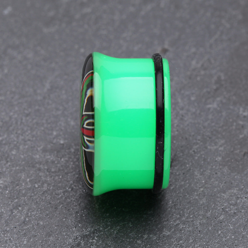 Detail View 3 of A Pair of Pot Leaf Single Flared Ear Gauge Plug-Green