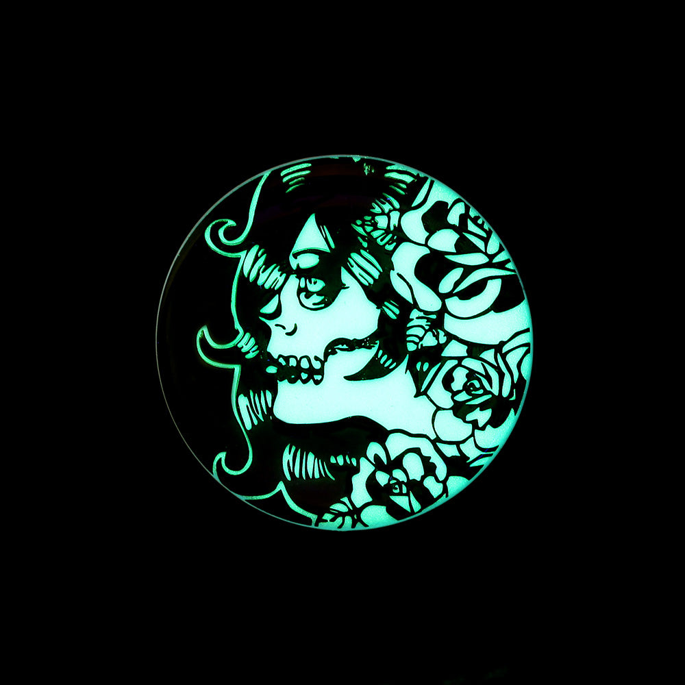 Detail View 2 of A Pair of Glow in the Dark Day of the Dead Girl Single Flared Ear Gauge Plug-Black