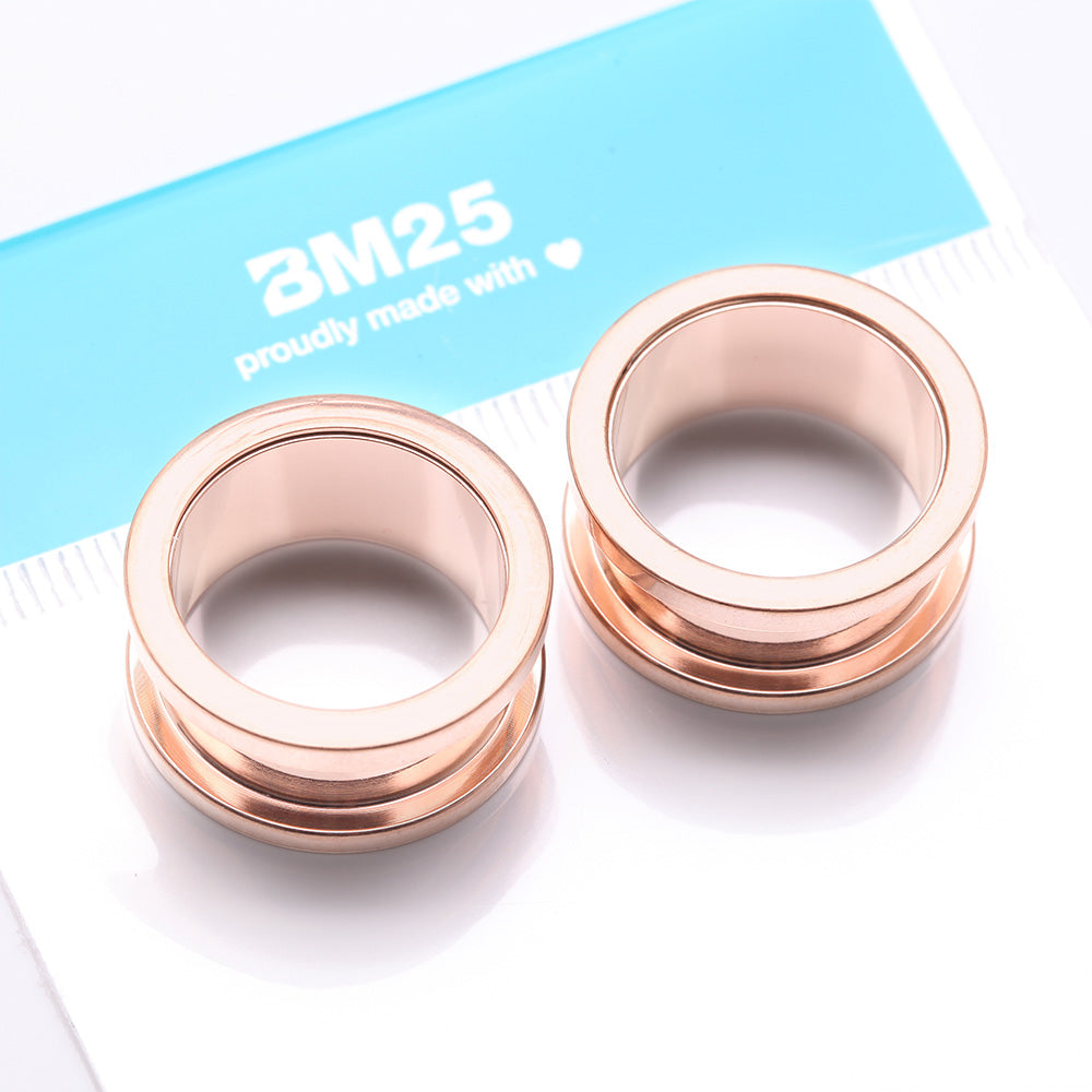 Detail View 2 of A Pair of Rose Gold PVD Steel Screw-Fit Ear Gauge Tunnel Plug