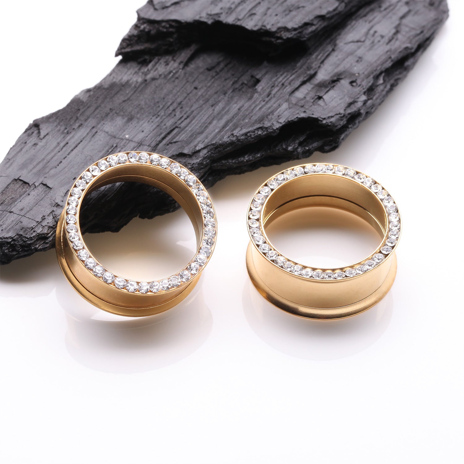 Detail View 1 of A Pair of Golden Multi-Gem Rimmed Sparkle Smooth Flared Screw-Fit Tunnel Plug-Clear Gem