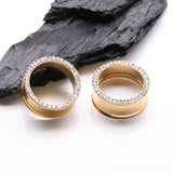Detail View 1 of A Pair of Golden Multi-Gem Rimmed Sparkle Smooth Flared Screw-Fit Tunnel Plug-Clear Gem