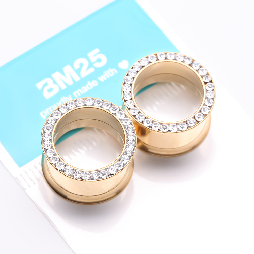 Detail View 3 of A Pair of Golden Multi-Gem Rimmed Sparkle Smooth Flared Screw-Fit Tunnel Plug-Clear Gem