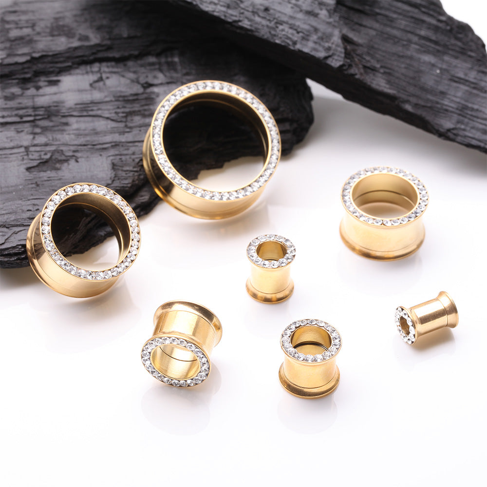 Detail View 2 of A Pair of Golden Multi-Gem Rimmed Sparkle Smooth Flared Screw-Fit Tunnel Plug-Clear Gem