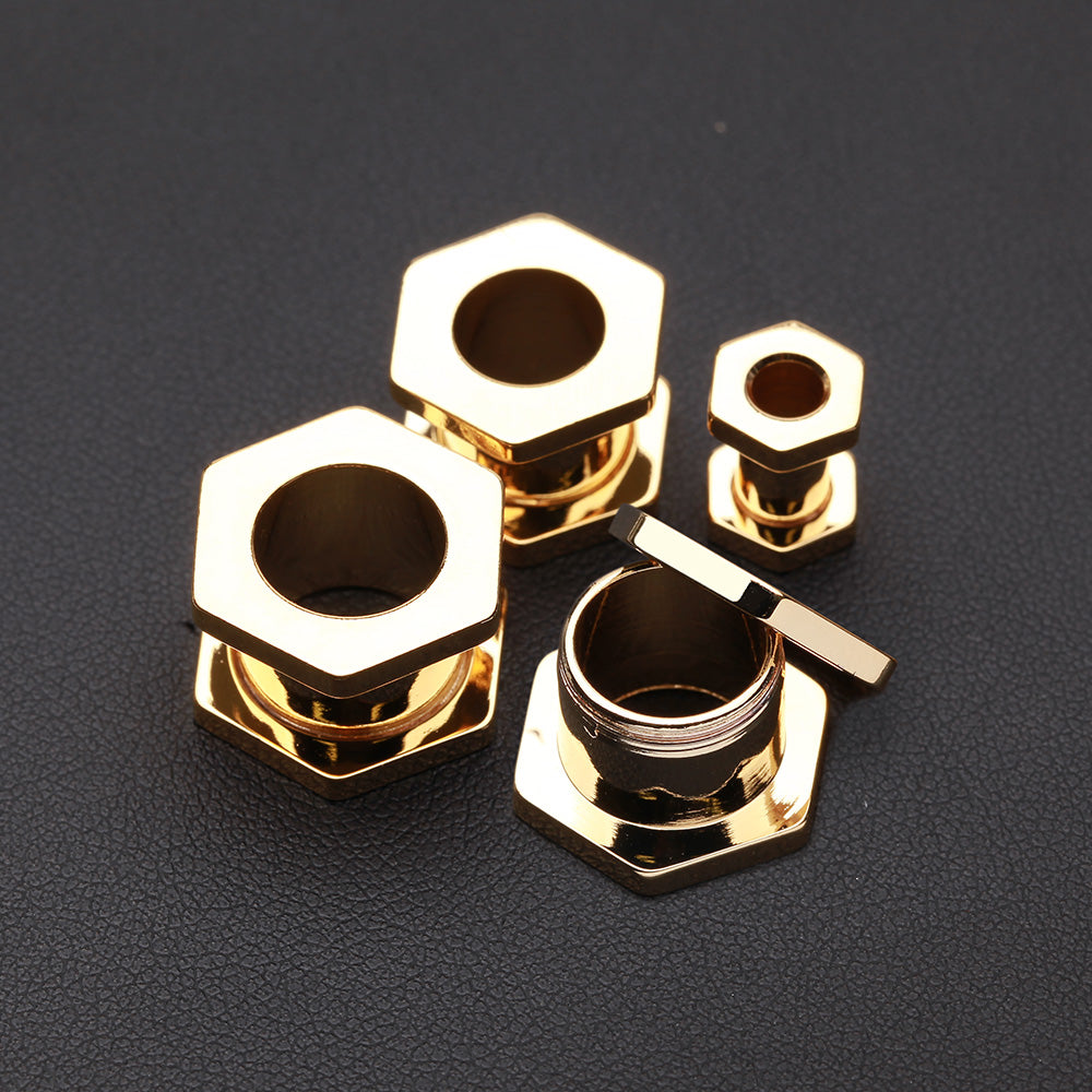 Detail View 3 of A Pair of Gold PVD Hexa Bolt Screw-Fit Ear Gauge Tunnel Plug-Gold