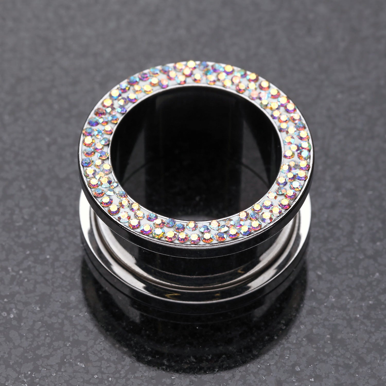 Detail View 1 of A Pair of Multi-Gem Sparkle Screw-Fit Ear Gauge Tunnel Plug-Aurora Borealis