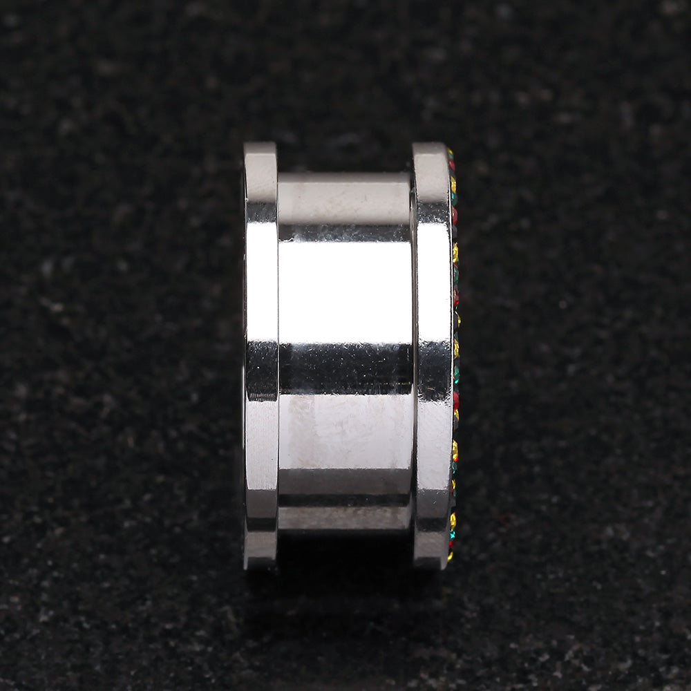 Detail View 2 of A Pair of Multi-Gem Sparkle Rasta Screw-Fit Ear Gauge Tunnel Plug-Rasta
