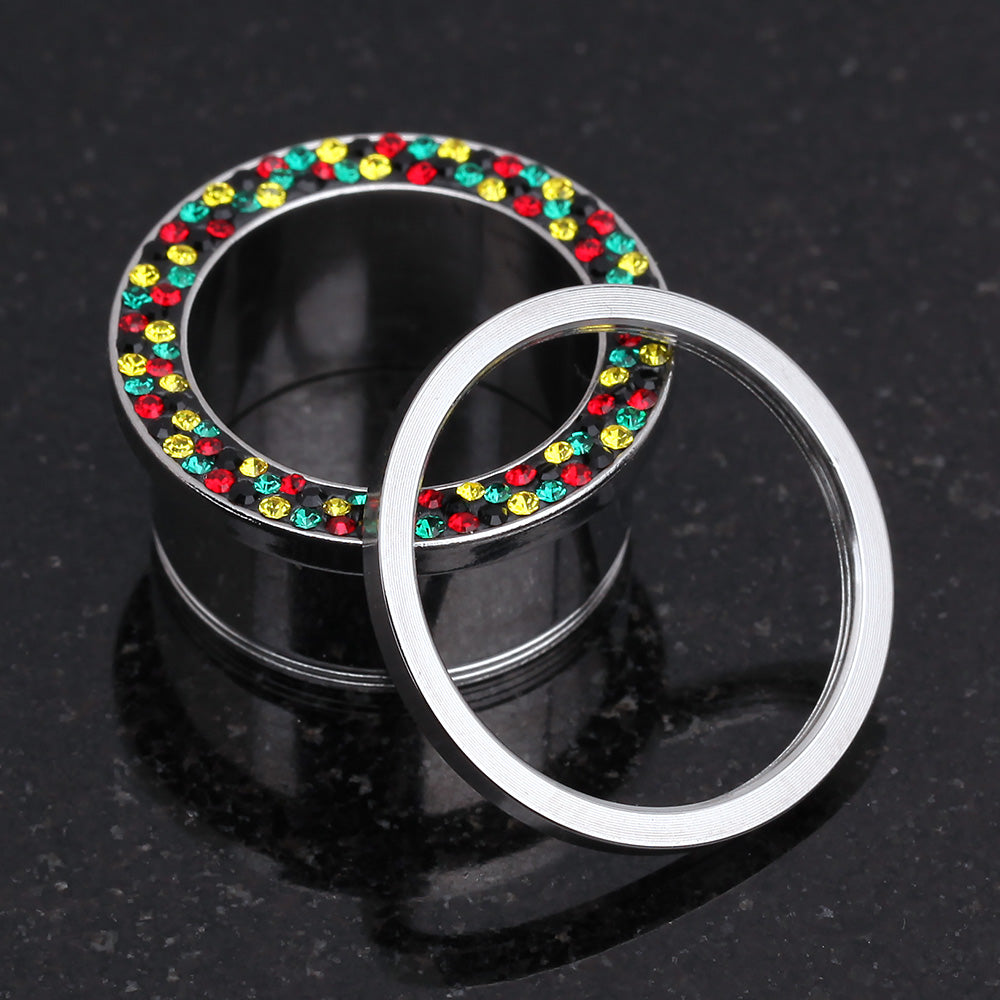 Detail View 3 of A Pair of Multi-Gem Sparkle Rasta Screw-Fit Ear Gauge Tunnel Plug-Rasta