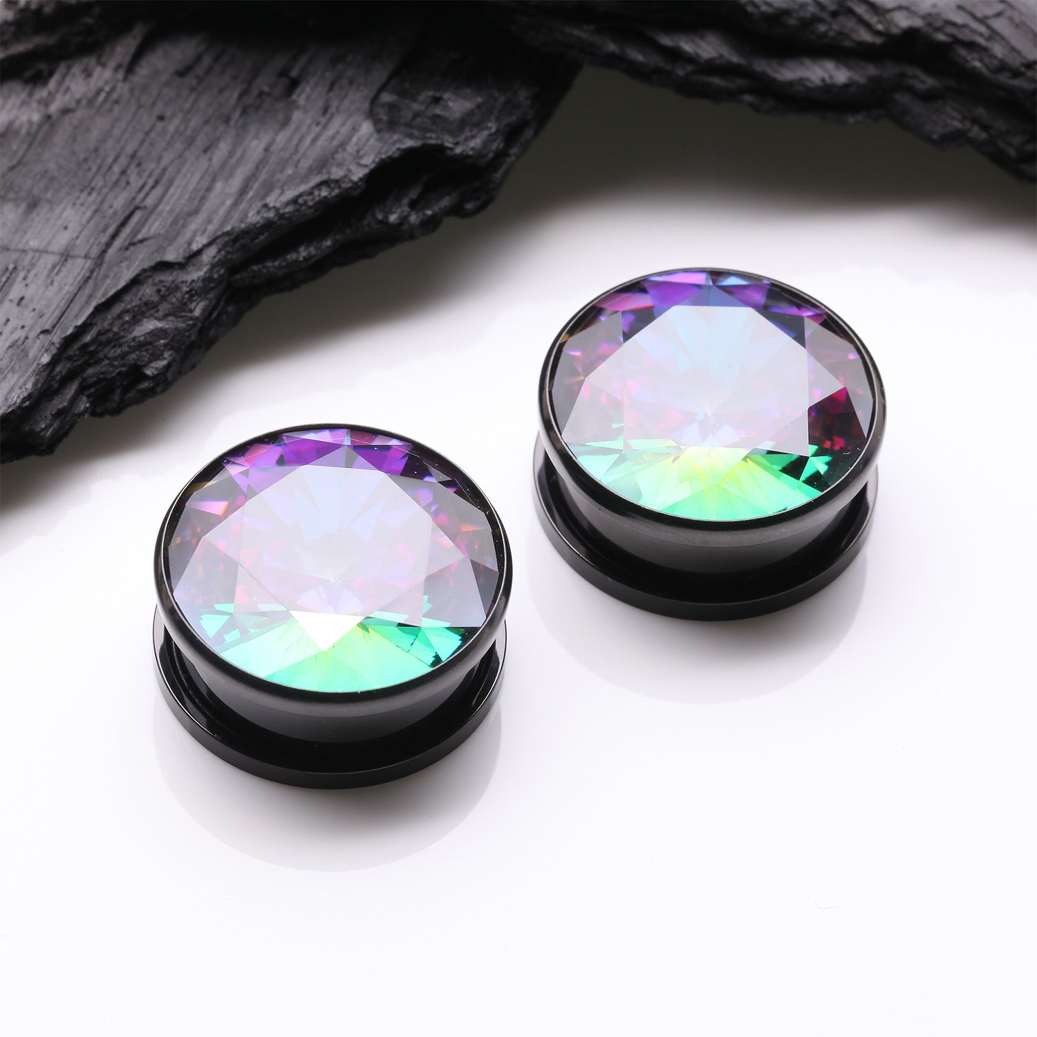 Detail View 1 of A Pair of Blackline Sparkle Steel Magnum Hollow Screw-Fit Plug-Vitrail Medium