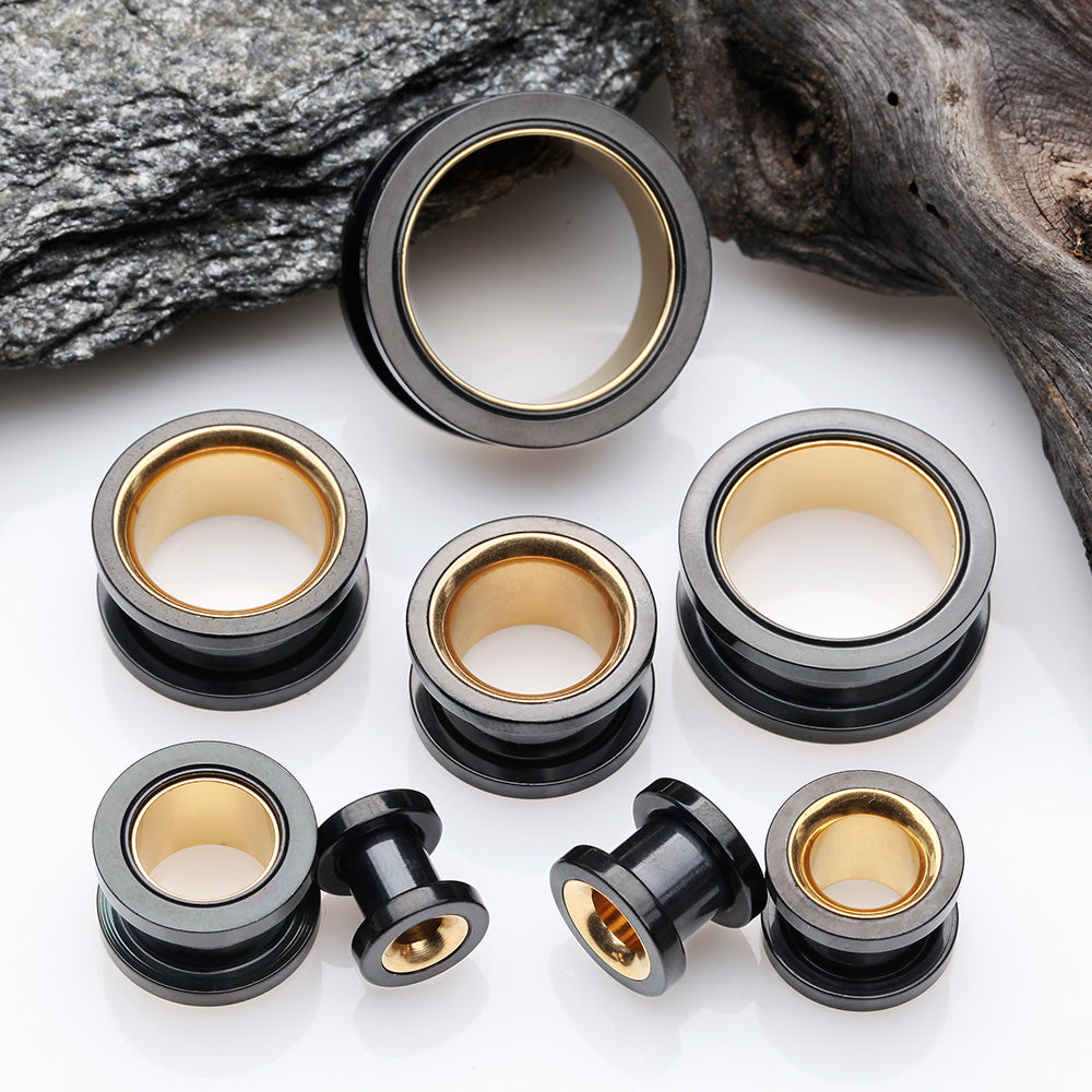 Detail View 2 of A Pair of Golden Black Screw-Fit Eyelet Tunnel Plug