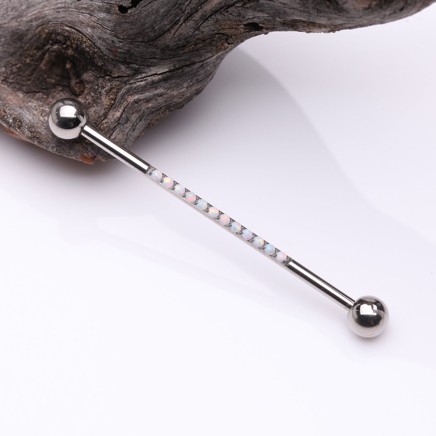 Detail View 1 of Implant Grade Titanium Sparkle Lined Fire Opal Industrial Barbell-White Opal