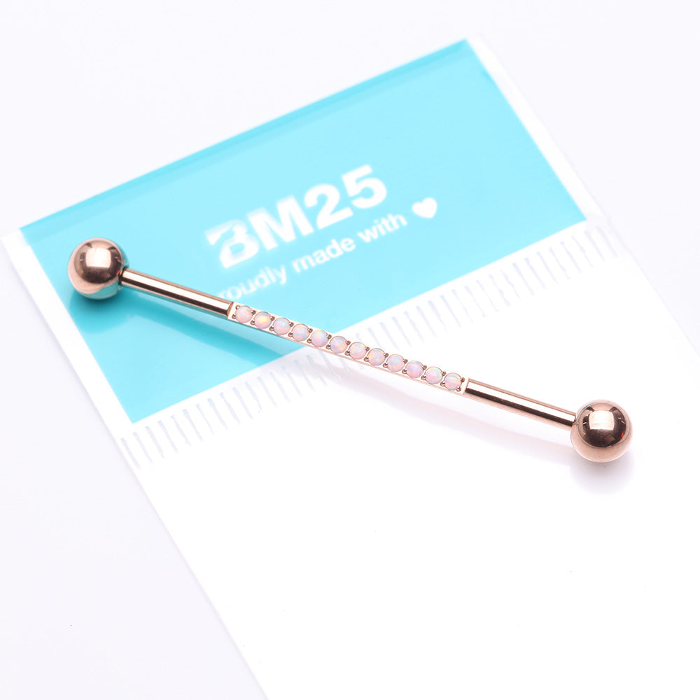 Detail View 2 of Implant Grade Titanium Rose Gold Sparkle Lined Fire Opal Industrial Barbell-White Opal