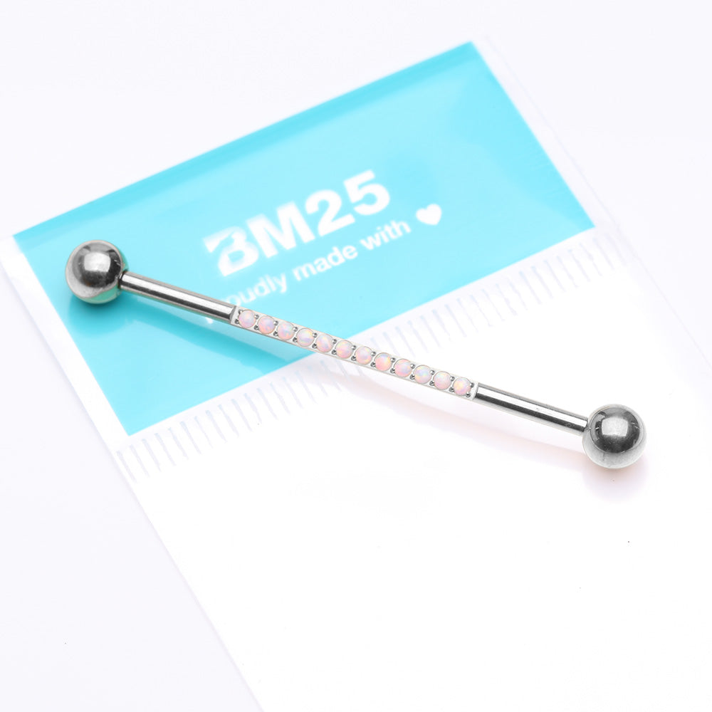 Detail View 2 of Implant Grade Titanium Golden Sparkle Lined Fire Opal Industrial Barbell-White Opal