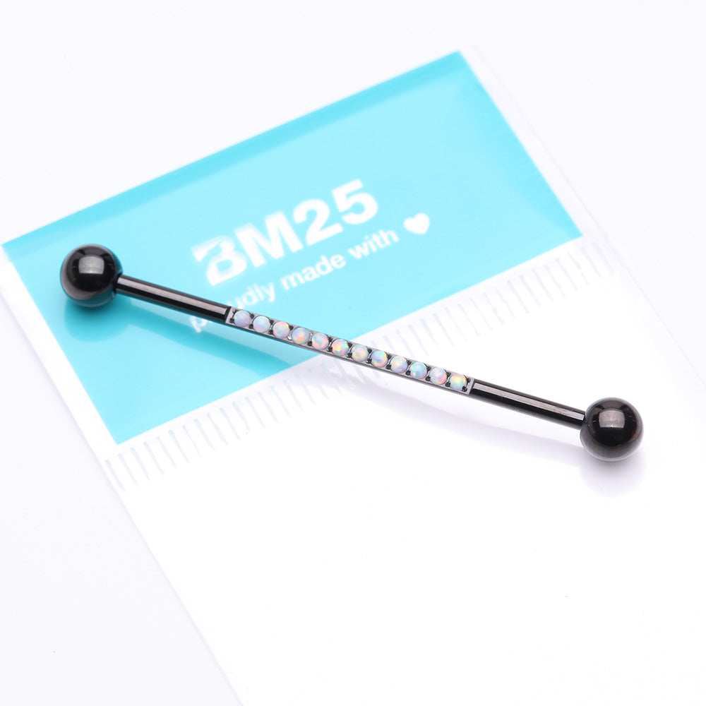Detail View 2 of Implant Grade Titanium Blackline Sparkle Lined Fire Opal Industrial Barbell-White Opal