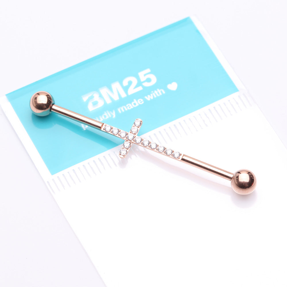 Detail View 2 of Implant Grade Titanium Rose Gold Sparkle Lined Multi-Gem Cross Industrial Barbell-Clear Gem
