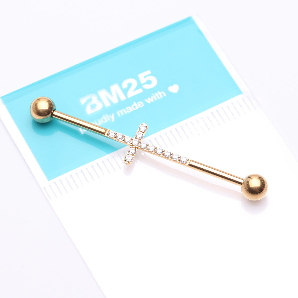 Detail View 2 of Implant Grade Titanium Golden Sparkle Lined Multi-Gem Cross Industrial Barbell-Clear Gem