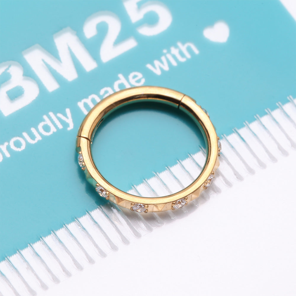 Detail View 3 of Implant Grade Titanium Golden Pyramid Sparkle Studded Geometric Seamless Clicker Hoop Ring-Clear Gem