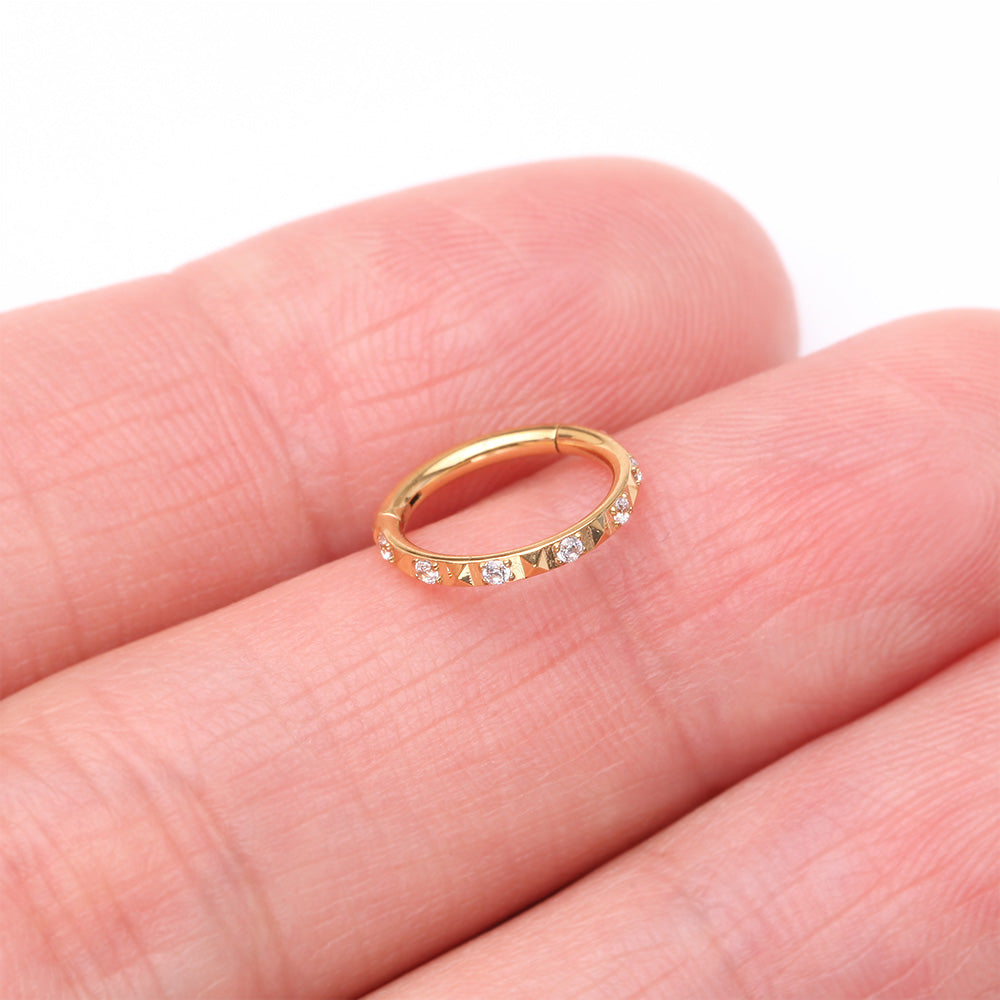 Detail View 2 of Implant Grade Titanium Golden Pyramid Sparkle Studded Geometric Seamless Clicker Hoop Ring-Clear Gem