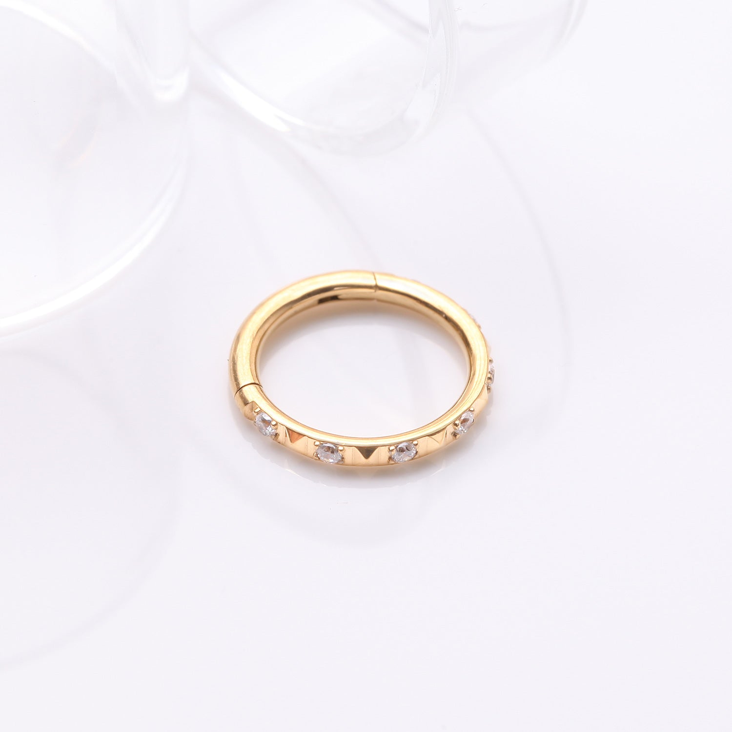 Detail View 1 of Implant Grade Titanium Golden Pyramid Sparkle Studded Geometric Seamless Clicker Hoop Ring-Clear Gem